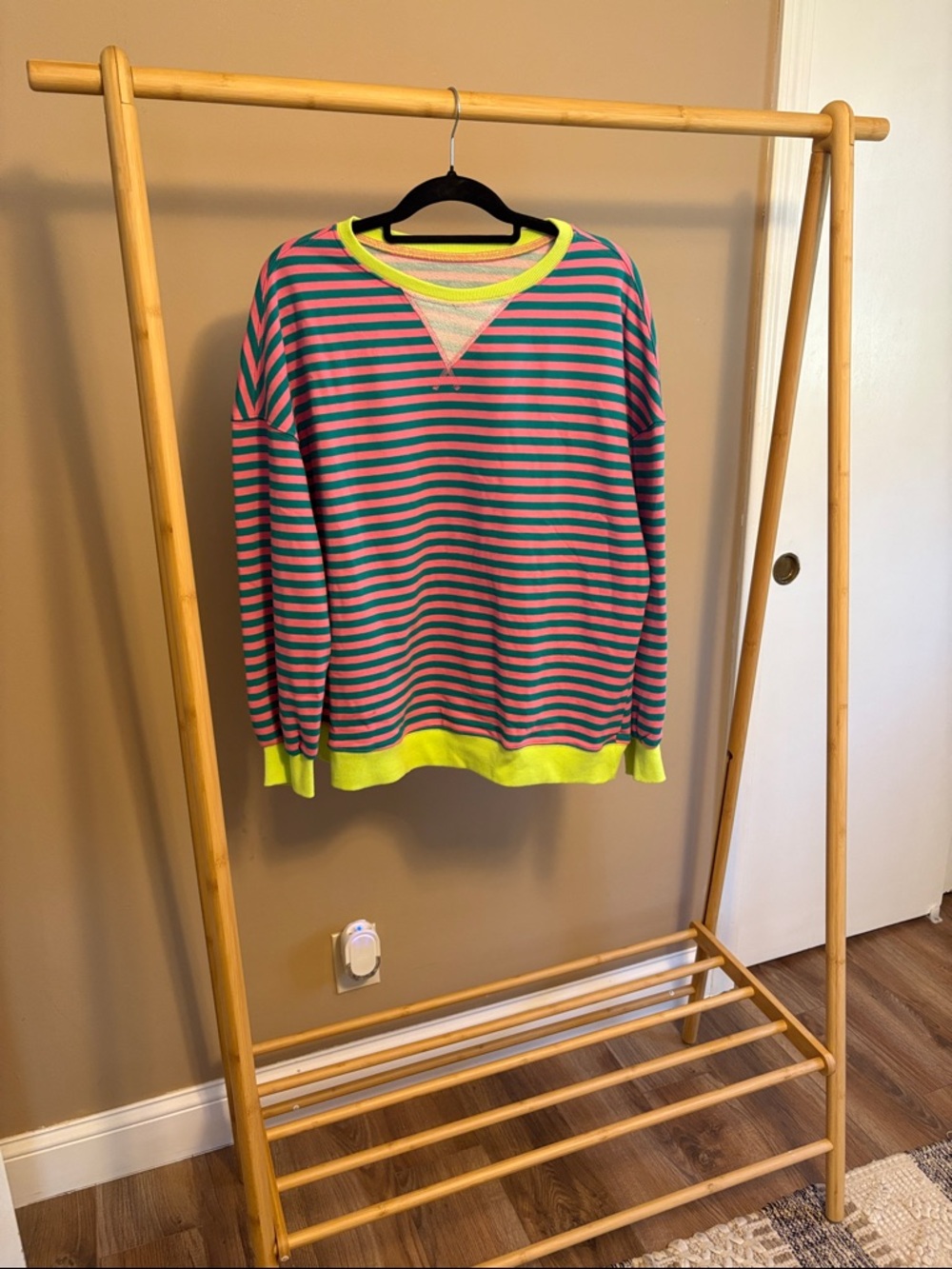Striped Crewneck Sweater with Neon Yellow Trim